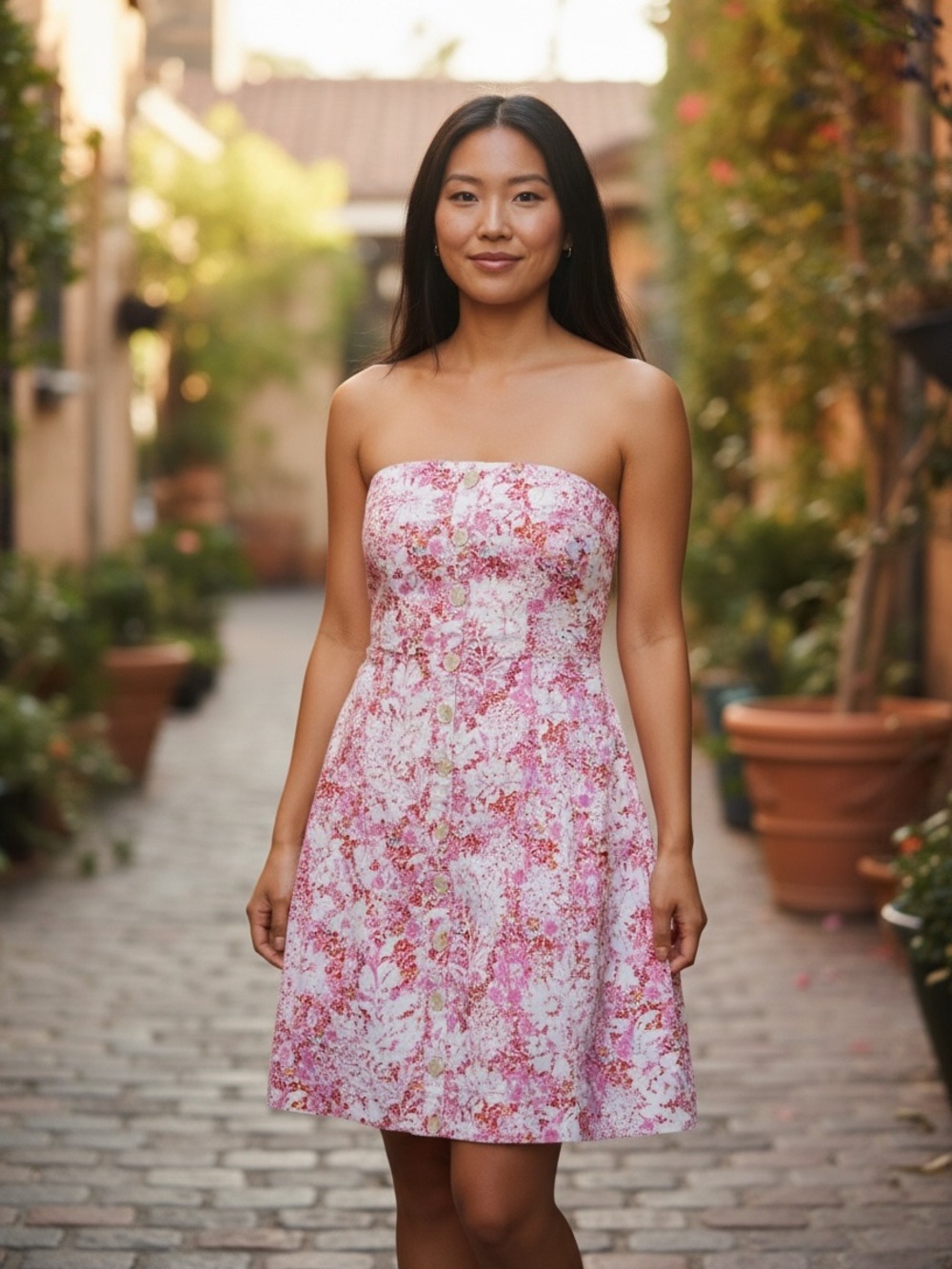 Free People Strapless Dress in Pink and Cream Floral